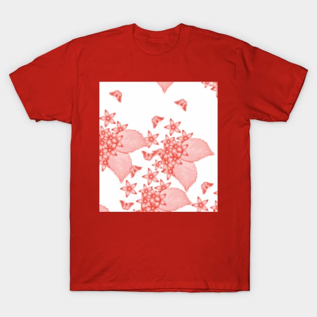 massed flowers and butterflies in red T-Shirt by hereswendy